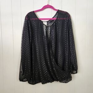 Lane Bryant Black Sheer Polka Dot Long Sleeve V-Neck Blouse Top Fancy Dressy 18
